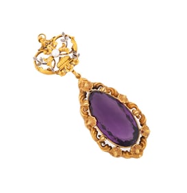 18CT AMETHYST & PEARL 14K YG DROP PENDANT