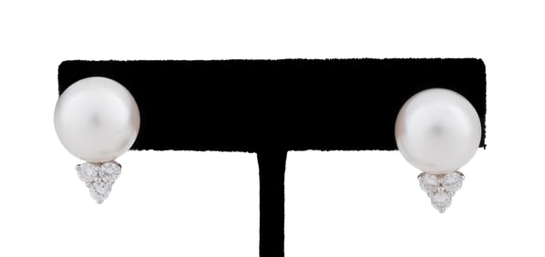 CULTURED PEARL, DIAMOND & 18K WG EARRINGS