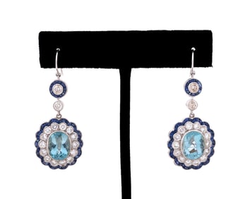 AQUAMARINE, SAPPHIRE & DIAMOND DROP EARRINGS