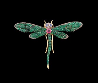 43CTW EMERALD & MULTI-GEM DRAGONFLY PIN PENDANT