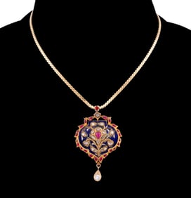 DIAMOND, RUBY, ENAMEL & YELLOW GOLD NECKLACE