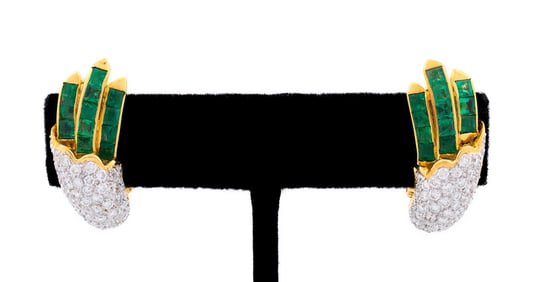 EMERALD & PAVE DIAMOND 18K YELLOW GOLD EARRINGS