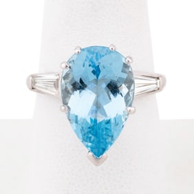 6.36CT PEAR AQUAMARINE & DIAMOND PLATINUM RING