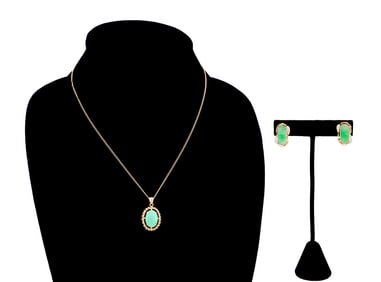 VINTAGE JADE & DIAMOND 14K YG NECKLACE & EARRINGS