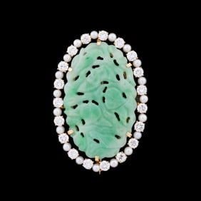 JADE, DIAMOND, PEARL & 14K YG BROOCH