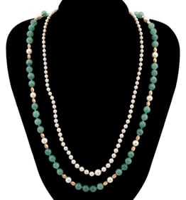 2 NECKLACES - GRADUATED PEARL & JADE WITH PEARLS