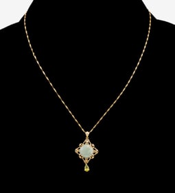 JADE, PERIDOT & 14K YG PENDANT NECKLACE