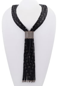 NATIVE AMERICAN ONYX & STERLING BEADED NECKLACE