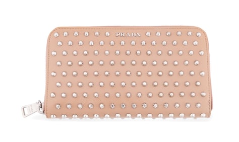 PRADA SAFFIANO VERNICE STUDDED ZIP AROUND WALLET