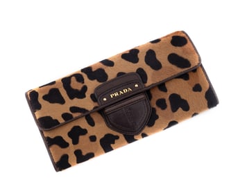 PRADA TAN LEOPARD PRINT DYED CALF FUR WALLET