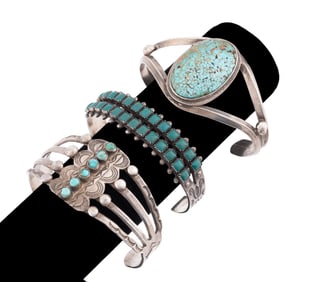 THREE NATIVE AMERICAN TURQUOISE CUFF BRACELETS
