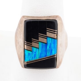 MEN'S BLACK ONYX & OPAL STERLING SILVER RING