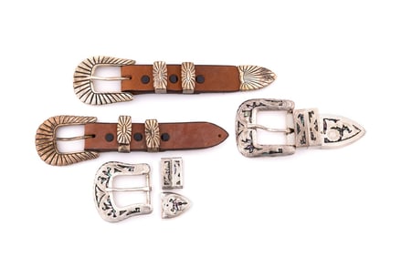 FOUR SILVER & INLAID BELT BUCKLES, W/ LOOPS & CAPS