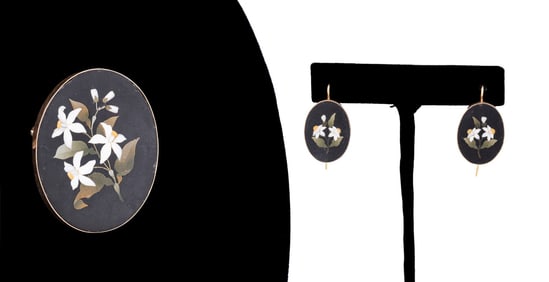 3PC VINTAGE FLORAL PIETRA DURA SET; EARRINGS & PIN