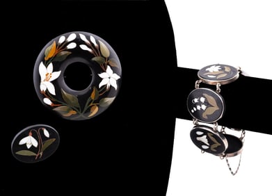 3PC FLORAL PIETRA DURA GROUP, 2 PINS & BRACELET