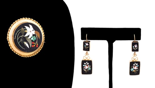 ITALIAN FLORAL MOTIF PIETRA DURA EARRINGS & PIN