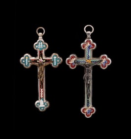 TWO MICRO MOSAIC CRUCIFIX PENDANTS