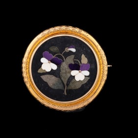 ANTIQUE FLORAL PIETRA DURA 14K YELLOW GOLD BROOCH