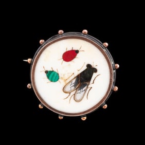 SMALL ROUND ANTIQUE PIETRA DURA INSECT BROOCH