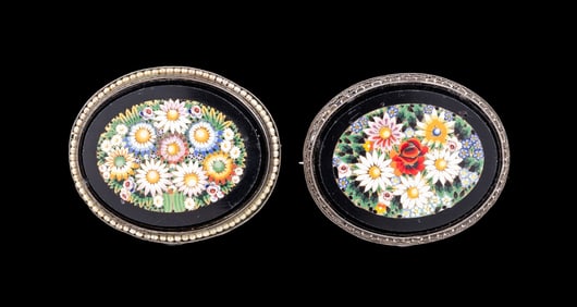 TWO LADIES' MICRO MOSAIC FLORAL STERLING BROOCHES