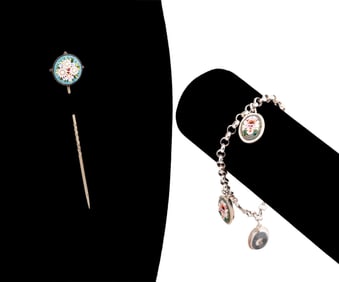 TWO MICRO MOSAIC PIECES, BRACELET & STICK PIN
