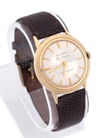 BULOVA 14K WRIST WATCH W/ BROWN LEATHER BAND