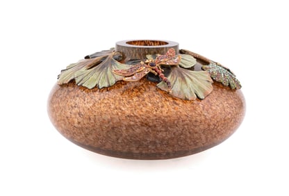 JAY STRONGWATER ENAMELED DRAGONFLY AND GINGKO VASE