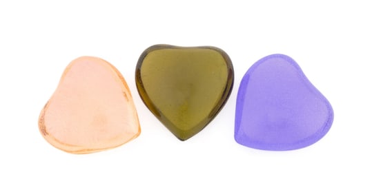 DAUM, THREE COLORED HEART CRYSTAL PAPERWEIGHTS