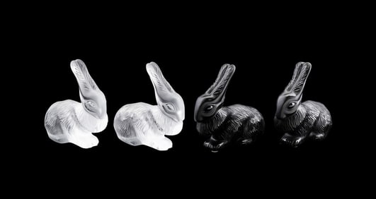 LALIQUE, FOUR 'CESAR' RABBITS, BLACK & WHITE