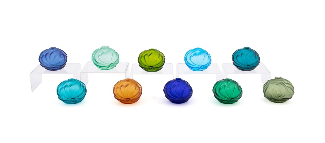 LALIQUE, SET OF 10 'ROYAL PALM' MULTICOLORED VASES (1 of 14)