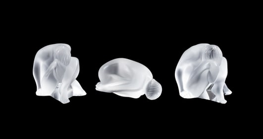 LALIQUE, THREE 'NU FEUILLE' CRYSTAL FIGURES