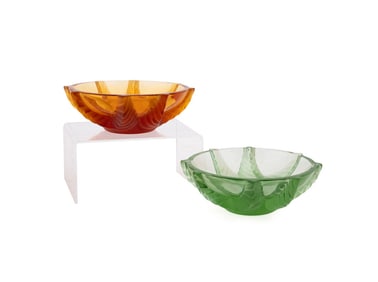 LALIQUE, TWO COLORED CRYSTAL TRINKET DISHES
