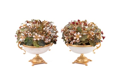 JANE HUTCHESON, PAIR OF ENAMEL FLORAL ARRANGEMENTS