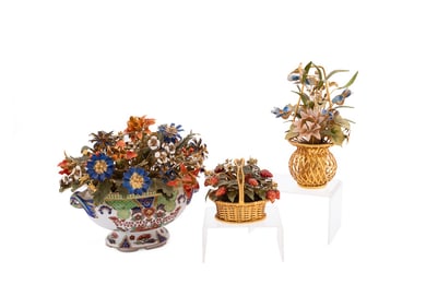 JANE HUTCHESON, THREE ENAMEL FLORAL ARRANGEMENTS