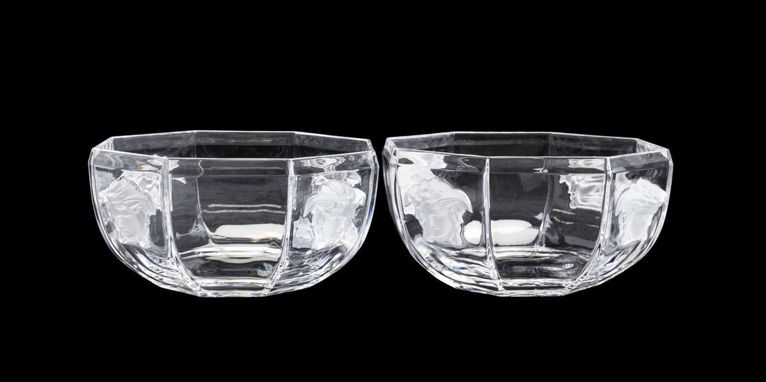 ROSENTHAL FOR VERSACE, TWO 'MEDUSA LUMIERE' BOWLS: Versace (Italian, founded 1978) for Rosenthal (German, founded 1879), late 20th to early 21st century. Pair of "Medusa Lumiere" (pattern active 1996-2017) colorless crystal bowls, both appropriately m