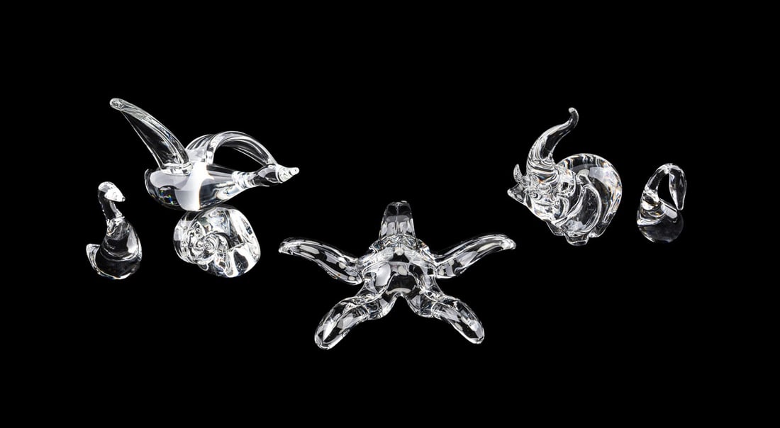 STEUBEN, COLLECTION OF FIVE ANIMAL FIGURES: Steuben (American, founded 1903), 20th to early 21st century. Collection of five colorless crystal figures comprising, a Lloyd D. Atkins (American, 1922-2002) "Waterbird", "Gander", and "Curved Neck S