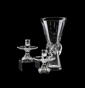 STEUBEN, 'ROSE' VASE AND PAIR OF CANDLESTICKS