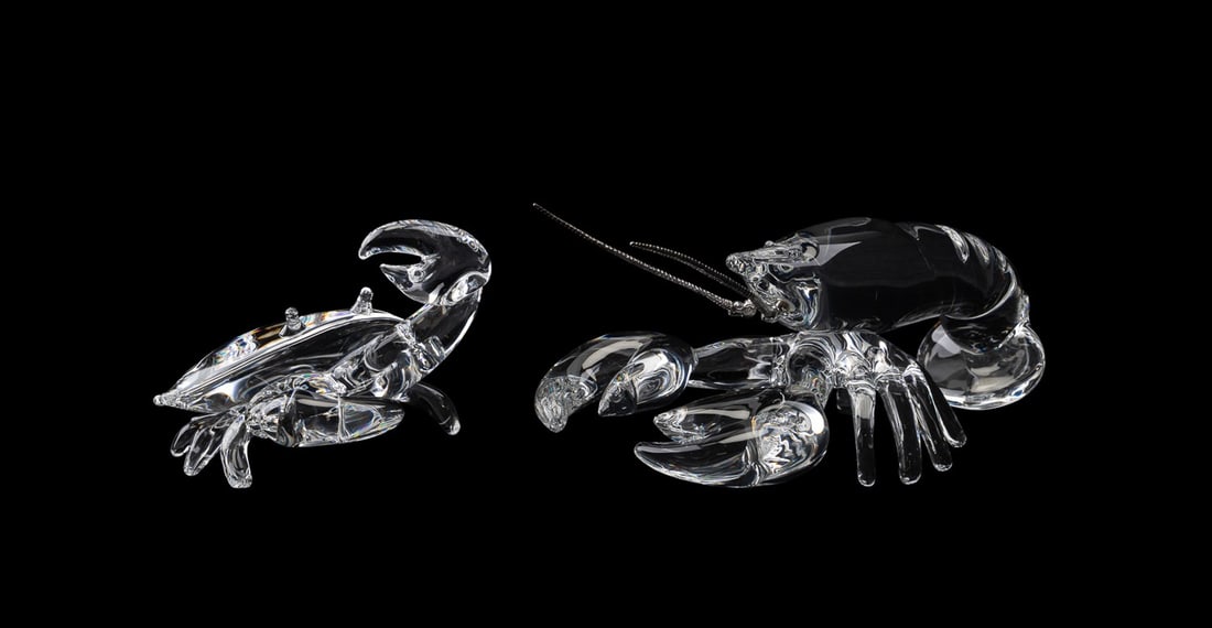 TAF SCHAEFER FOR STEUBEN, LOBSTER & CRAB FIGURES: Taf Lebel Schaefer (American, born 1950) for Steuben (American, founded 1903), late 20th to early 21st century. Group of two colorless crystal figures comprising, a lobster and a crab, all appropriate