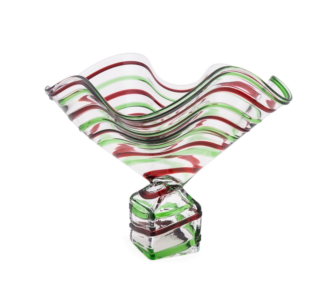 MURANO STYLE OVERSIZED CENTERPIECE BOWL: Possibly Italian, late 20th to early 21st century. Blown Murano style colorless, green, and red canne crimped flared centerpiece bowl, on square base, apparently unmarked. Approximate measurements: h.