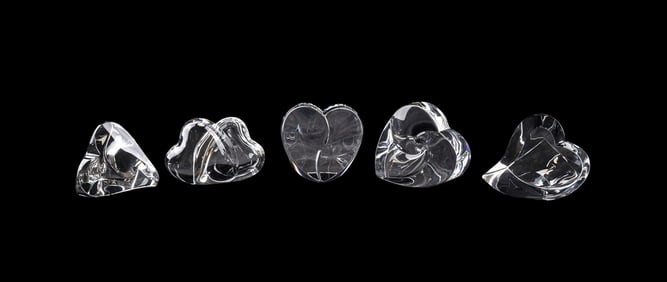 STEUBEN, FIVE HEART HAND COOLERS OR PAPERWEIGHTS
