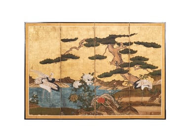 JAPANESE 4-PANEL GOLD LEAF SCREEN WITH CRANES