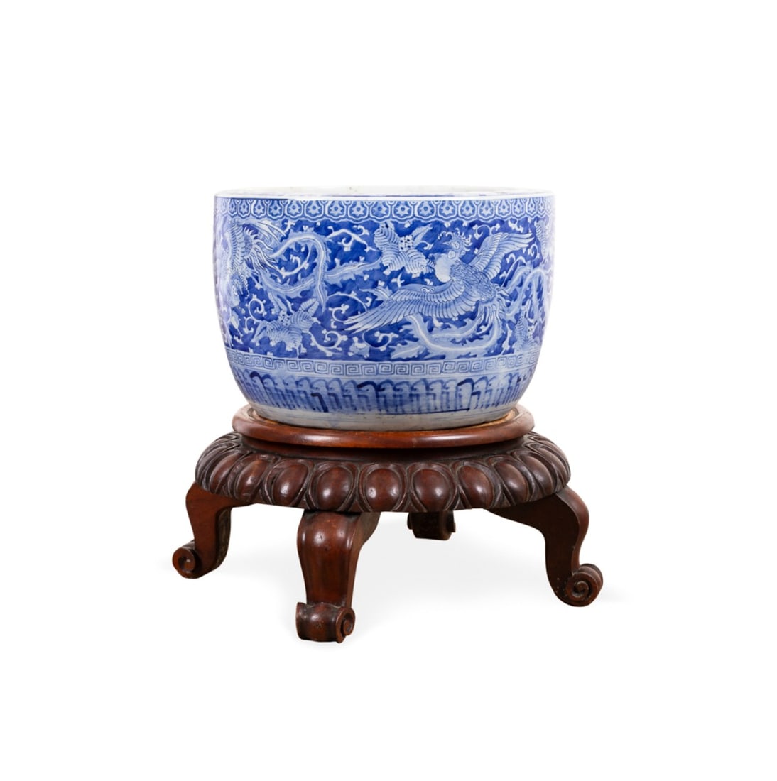 CHINESE BLUE & WHITE JARDINIERE ON STAND
