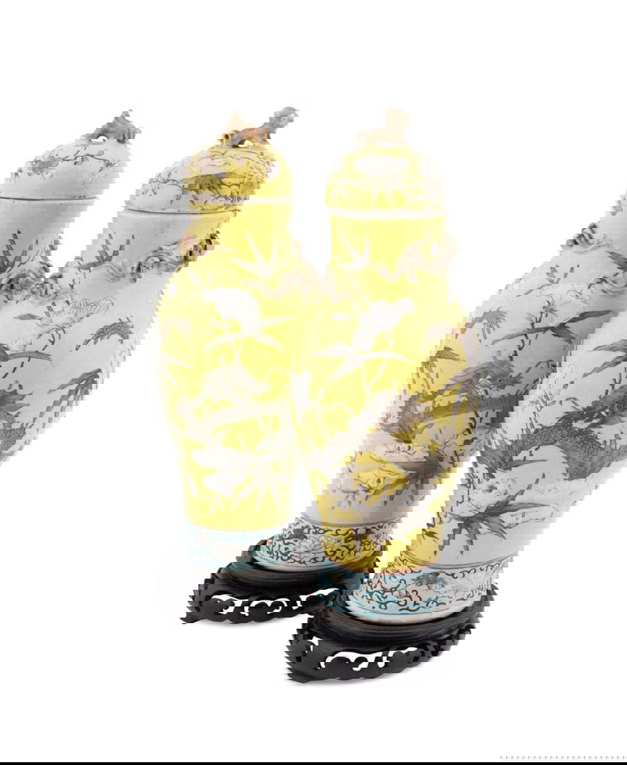 PAIR, CHINESE FAMILLE JAUNE LIDDED URNS