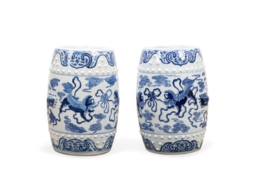 PAIR OF CHINESE BLUE AND WHITE GARDEN SEATS