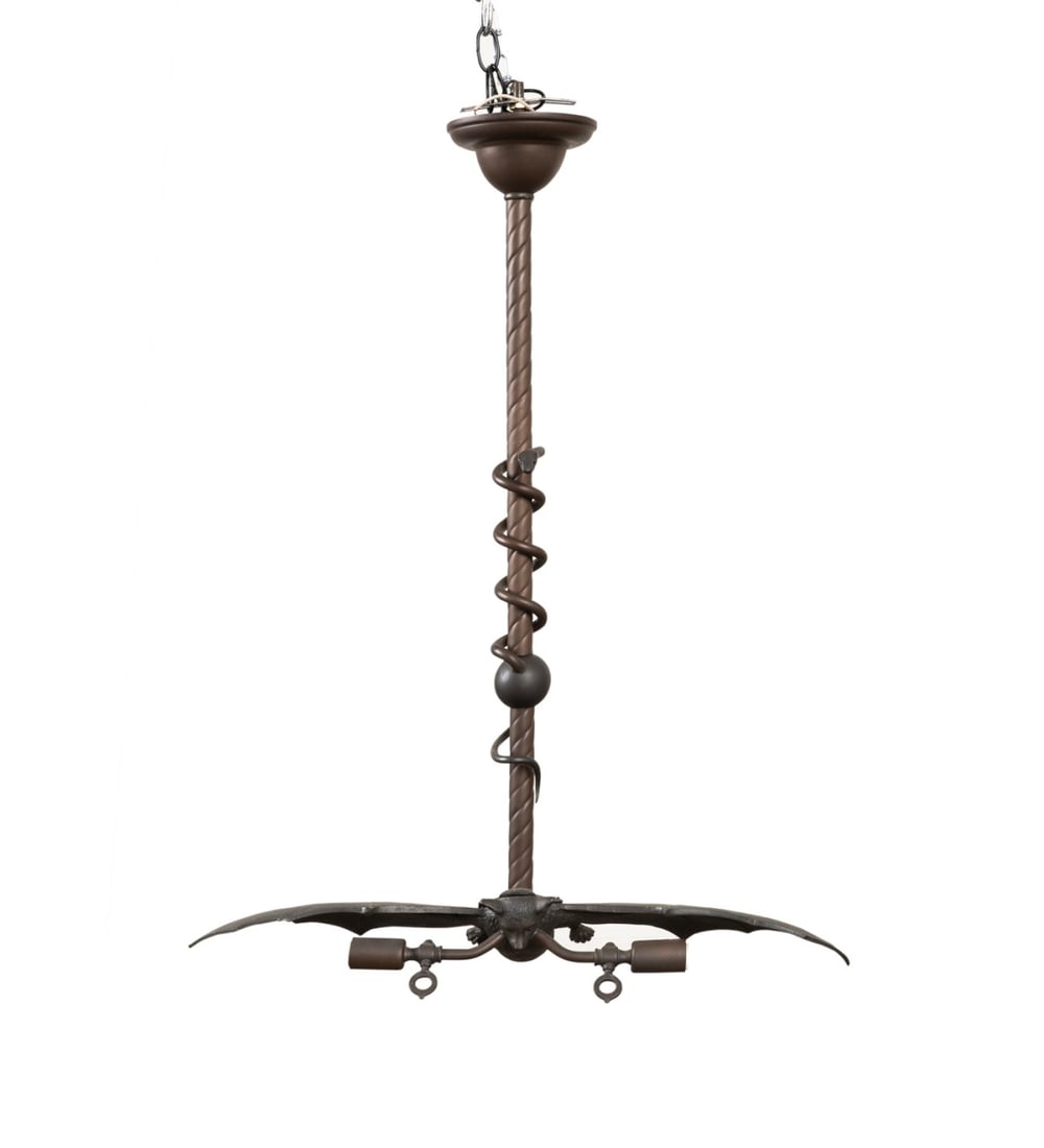 ARTS & CRAFTS REVIVAL BAT & SERPENT CHANDELIER: Possibly Continental, late 20th to early 21st century. Arts & Crafts Revival bronze bat and serpent 2-light chandelier, apparently unmarked. Provenance: Private Collection of Steven McBurney, Corbin,