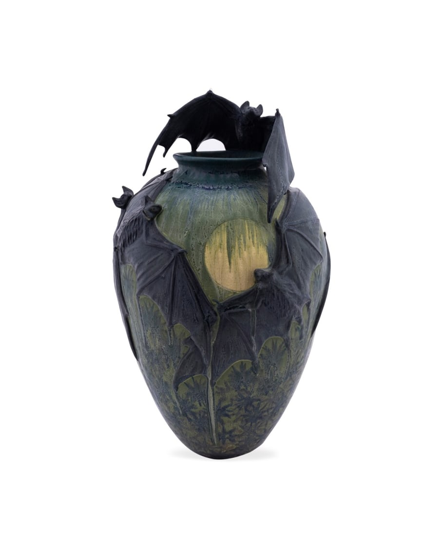 R. FREIWALD ART POTTERY SIX BAT FLAMBE GLAZE VASE: Richard Allen Freiwald (American (New Jersey), 20th century). Art Pottery six bat amphora vase in Jugendstil Nouveau symbolist flambe glaze. Stamped maker's mark to underside "Freiwald Art Pottery". P