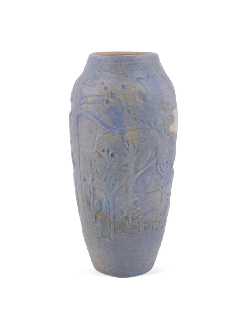 R. FREIWALD MOONLIT FOREST SCENE POTTERY VASE: Richard Allen Freiwald (American (New Jersey), 20th century). Light blue glazed pottery vase with landscape motif, in the style of Newcomb Pottery's "Moon and Moss", depicting a moonlit forest scene.