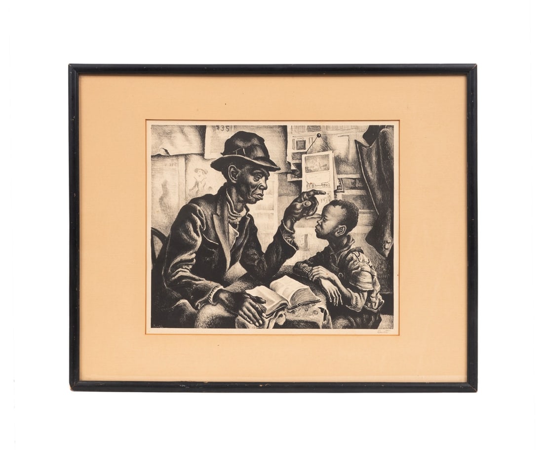 THOMAS HART BENTON 'INSTRUCTION' 1940 LITHOGRAPH: Thomas Hart Benton (American, 1889-1975). "Instruction" - 1940, lithograph on paper, pencil signed "Benton" to LR, edition of 250, published by Associated American Artists, with label to verso. Framed