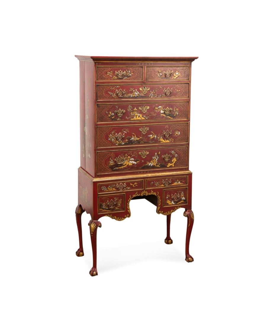 GEORGIAN RED JAPANNED CHINOISERIE HIGHBOY: English,19th century elements. George II style red japanned highboy, having a married upper and lower case, with chinoiserie figural and landscape scenes, gilt accents, and raised on cabriole legs hav
