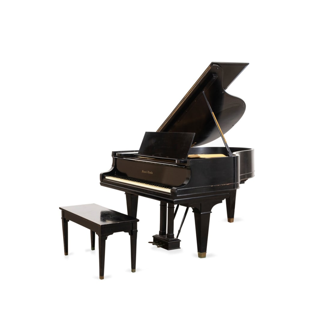MASON & HAMLIN BLACK BABY GRAND PIANO W/ BENCH: Mason and Hamlin (American, founded 1854), circa 1924. Black baby grand piano with bench, serial no. 32478 and several maker's marks. Approximate dimensions: h. 40", w. 58.25", d. 68.5"; bench h. 19",